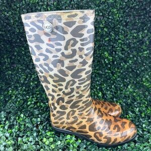 UGG SHAYE LEOPARD PRINT TALL RAIN BOOTS SIZE 6 Woman